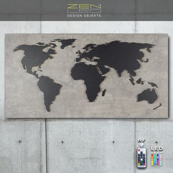 Mappemonde en bois LED "Mappa Del MONDO" Série d'optiques STONE en grain de pierre gris béton avec pays granit noir illuminés en effet de lumière 3D ; 110x57cm; LED RVB avec télécommande manuelle ; décoration murale moderne et exclusive 10