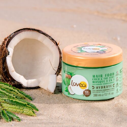 Masque 3 en 1 - Hair Food - Hydratant - Eau de Coco & Thé Vert - Tous Types de Cheveux - 98% d'origine naturelle - Sans silicone