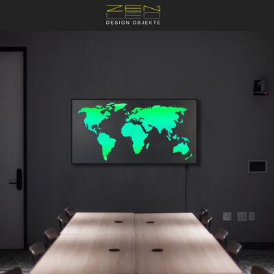 LED wooden world map "MONDO MASCHERA" with ALU picture frame STONE look series in GRANITE-BLACK stone grain colored backlit in 3D light effect; 110x57cm; RGB LEDs with manual remote control; modern illuminated picture, mood light and wall decoration