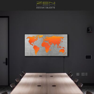 LED wooden world map "MONDO MASCHERA" with ALU picture frame STONE look series in CONCRETE-GRAY stone grain colored backlit in 3D light effect; 110x57cm; RGB LEDs with manual remote control; modern illuminated picture, mood light and wall decoration