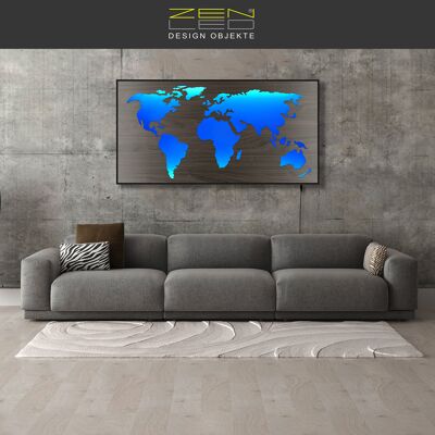 LED wooden world map "MONDO MASCHERA" with ALU picture frame WOOD look series in WALNUT-BLACK wood grain colored backlit in 3D light effect; 110x57cm; RGB LEDs with manual remote control; modern illuminated picture, mood light and wall decoration
