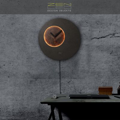 LED wooden wall clock model "LUNA" Ø40cm moon design with EDELROST STEIN look dial; non-ticking silent clockwork; 3D light effect warm white backlit with remote control; modern boho wall deco