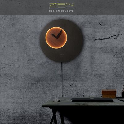 LED wooden wall clock model "LUNA" Ø40cm moon design with WALNUT BROWN WOOD look dial; non-ticking silent clockwork; 3D light effect warm white backlit with remote control; modern boho wall deco