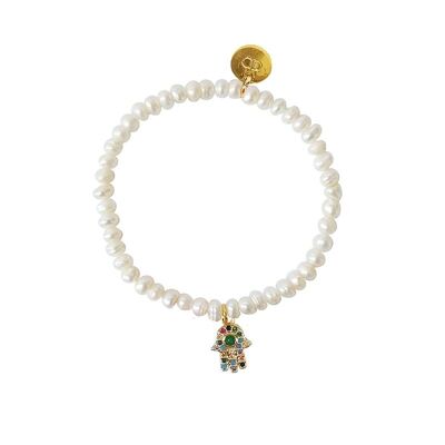 Bracciale Coltivate Charm Mano di Fatima con perle coltivate e zirconi