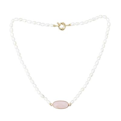 Rice cultured pearl and rose quartz necklace