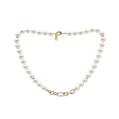 Collar Clasic Chain corto de perlas blancas y cadena bicolor
