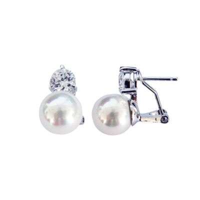 Boucles d'oreilles Basic Tuyó en zircone et perle blanche 10mm