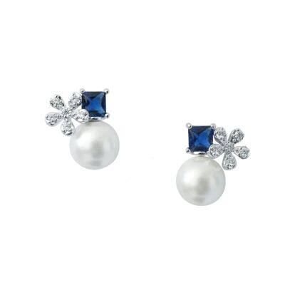 Boucles d'oreilles Flower Crystal perle bleu saphir et cristal bleu