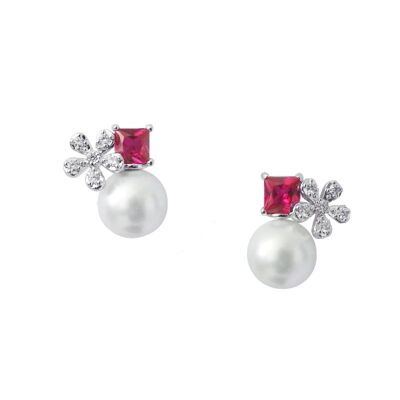 Boucles d'oreilles Flower Crystal perle rubis et cristal rouge