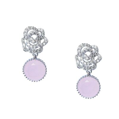 Boucles d'oreilles en cristal de quartz rose rose rhodium et zircone