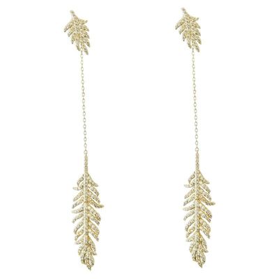 Long golden Leaf earrings with zircons