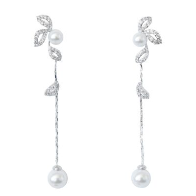 Leaf long leaf & pearl earrings with zircons and pearls