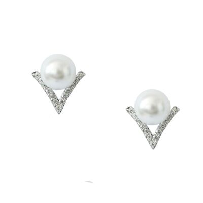 Basic Triangle & Pearl zirconia and rhodium earrings