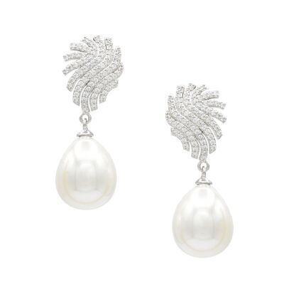 Bride Feather pavee and pear pearl earrings