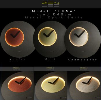 Horloge murale LED en bois modèle "LUNA" Ø40cm design lune avec cadran aspect PIERRE GRIS BÉTON; mouvement d'horlogerie silencieux sans tic-tac ; Effet lumineux 3D rétroéclairé blanc chaud avec télécommande ; déco murale bohème moderne 6