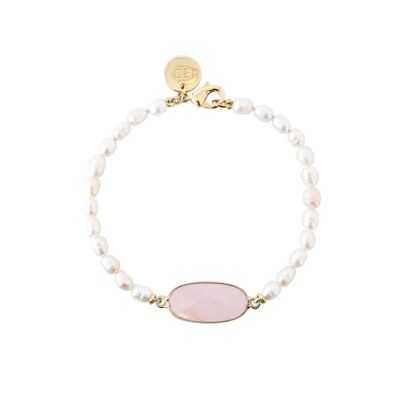 Bracciale con perle coltivate di riso e quarzo rosa