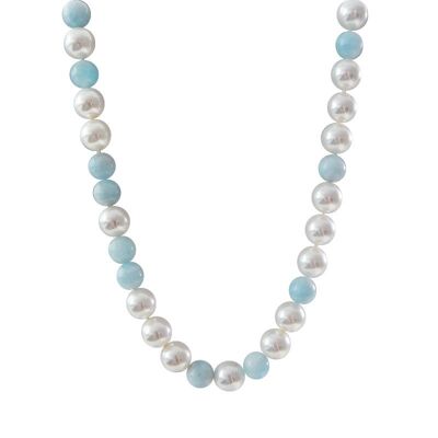 Halsband aus weißer Perle und Aquamarin