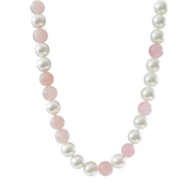 White pearl and rose quartz choker