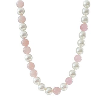 Tour de cou perle blanche et quartz rose