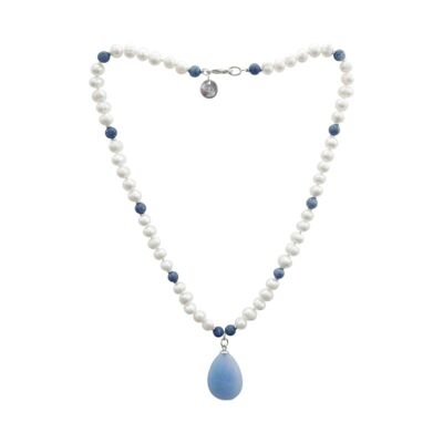 Cultured pearl and blue jade teardrop necklace
