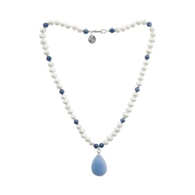 Collana a goccia di perle coltivate e giada blu