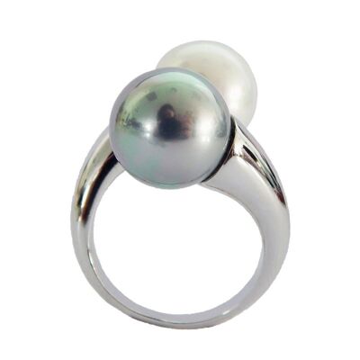 Weiße und graue Perlen, verstellbarer Ring