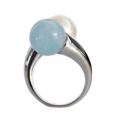 Tus adjustable white pearl and aquamarine ring