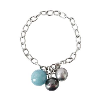 Pulsera cadena perla gris y aguamarina