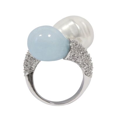 Tus ring pavee pearl and aquamarine