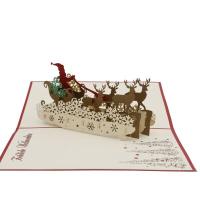 Babbo Natale in una slitta di renne pop up card 3d piegato