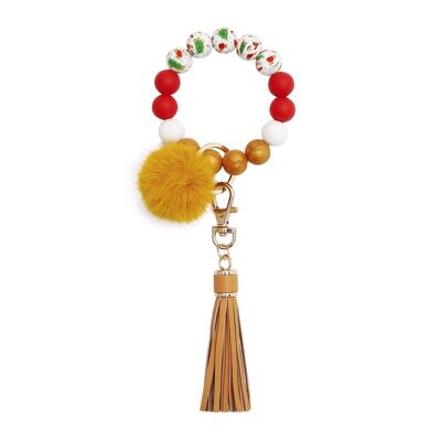 Llavero de pulsera con cuentas de borla de pompón