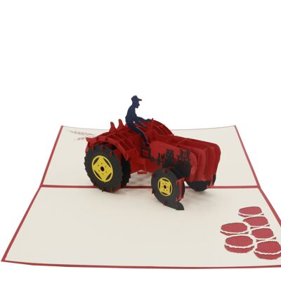 Tractor, tarjeta emergente roja vintage tarjeta doblada 3d
