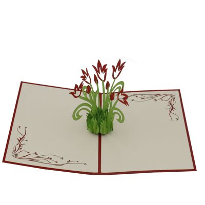 Tarjeta emergente roja de tulipanes
