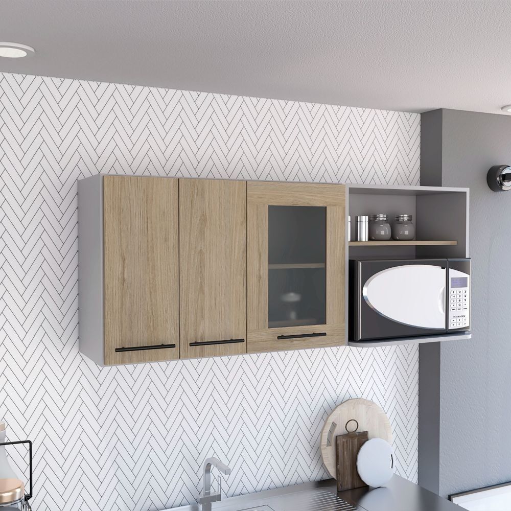 Mueble de Pared Hasselt para cocina, con gabinetes y estanterías interiores, 60CM A X 150CM L X 40CM P, Gris/Rovere