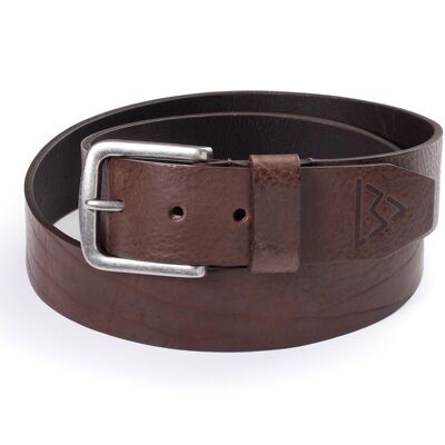 Ceinture en cuir marron surpiqué à boucle arrondie et logo embossé