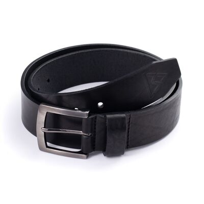 Ceinture en cuir noir surpiqué à boucle arrondie et logo embossé