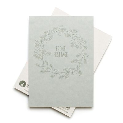 Cartolina di Natale "Buone Feste" Cartoncino in pasta di legno verde chiaro