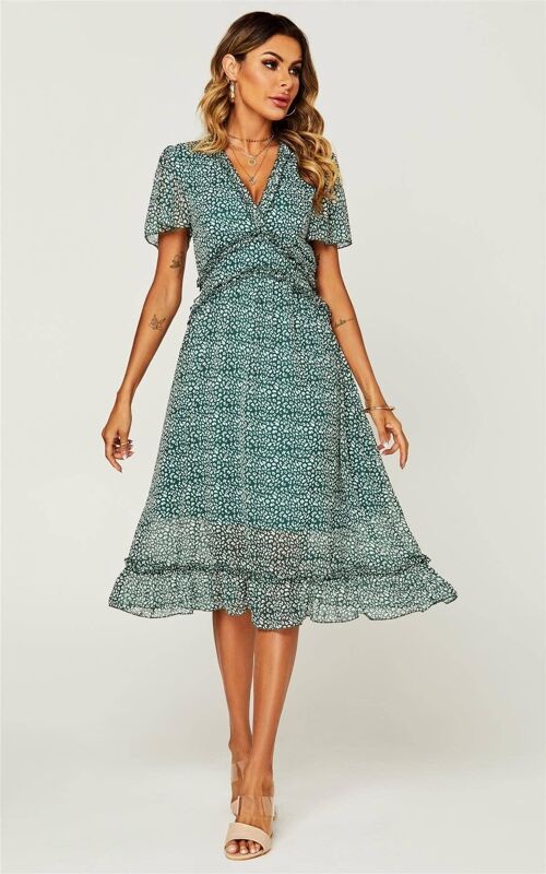 Angel Sleeve Frill Detail V Neck Midi Dress In Dark Green Leopard Print