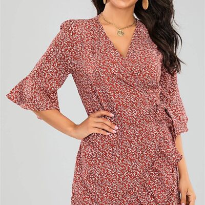 Angel Sleeve Frill Mini Dress Red Print