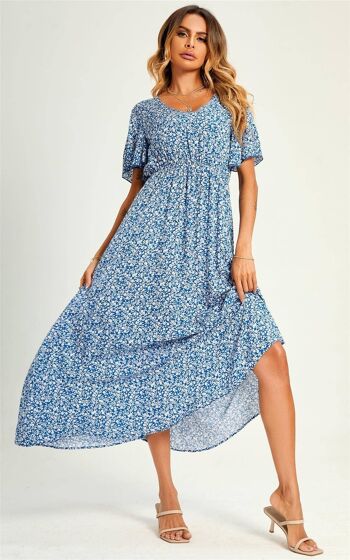 Robe longue à imprimé floral et col en V à manches anges en bleu 4