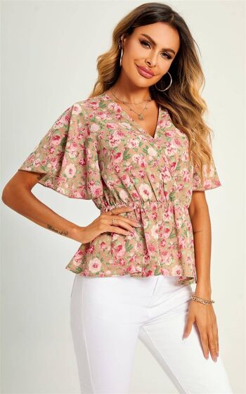 Top/chemisier à col en V et manches anges en imprimé flore rose beige 3