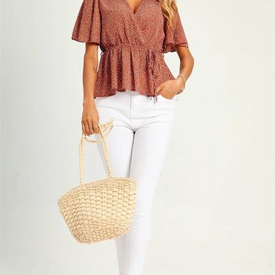 Angel Sleeve V Neck Top/Blouse In Rusty Red Dot Print
