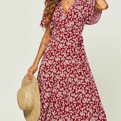 Angel Sleeve Wrap Midi Dress In Wine Red Floral Print