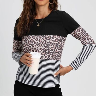 Animal Print & Classic White Striped Top In Black Block