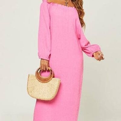 Bardot Frill Detail Off Shoulder Maxi Dress In Pink