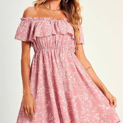 Minirobe Bardot à volants et imprimé floral rose