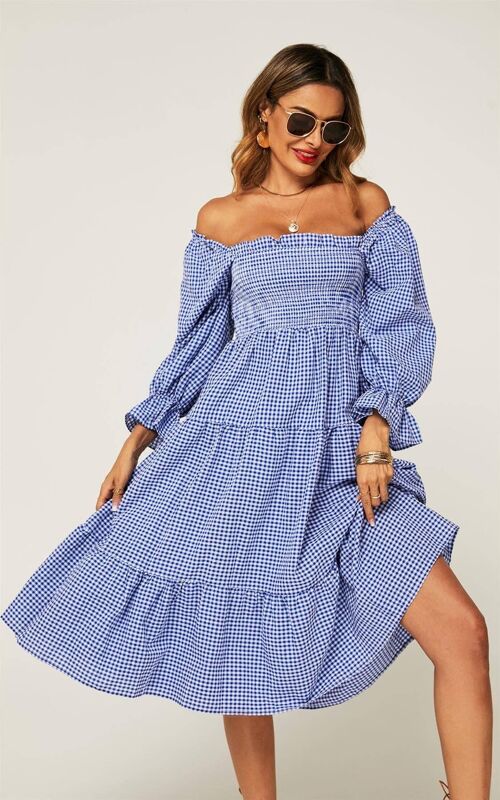 Bardot Puff Frill Sleeve Elasticated Detail Midi Dress In Blue