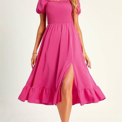 Bardot Puff Sleeve Elasticated Detail Midi Dress In Fuchsia Pink