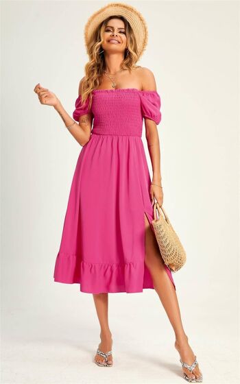 Robe mi-longue Bardot à manches bouffantes et détails élastiqués - Rose fuchsia 3