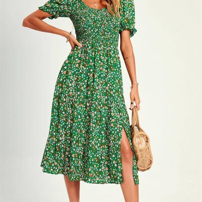 Bardot Puff Sleeve Elasticated Detail Spilet Midi Dress In Green Flora Print